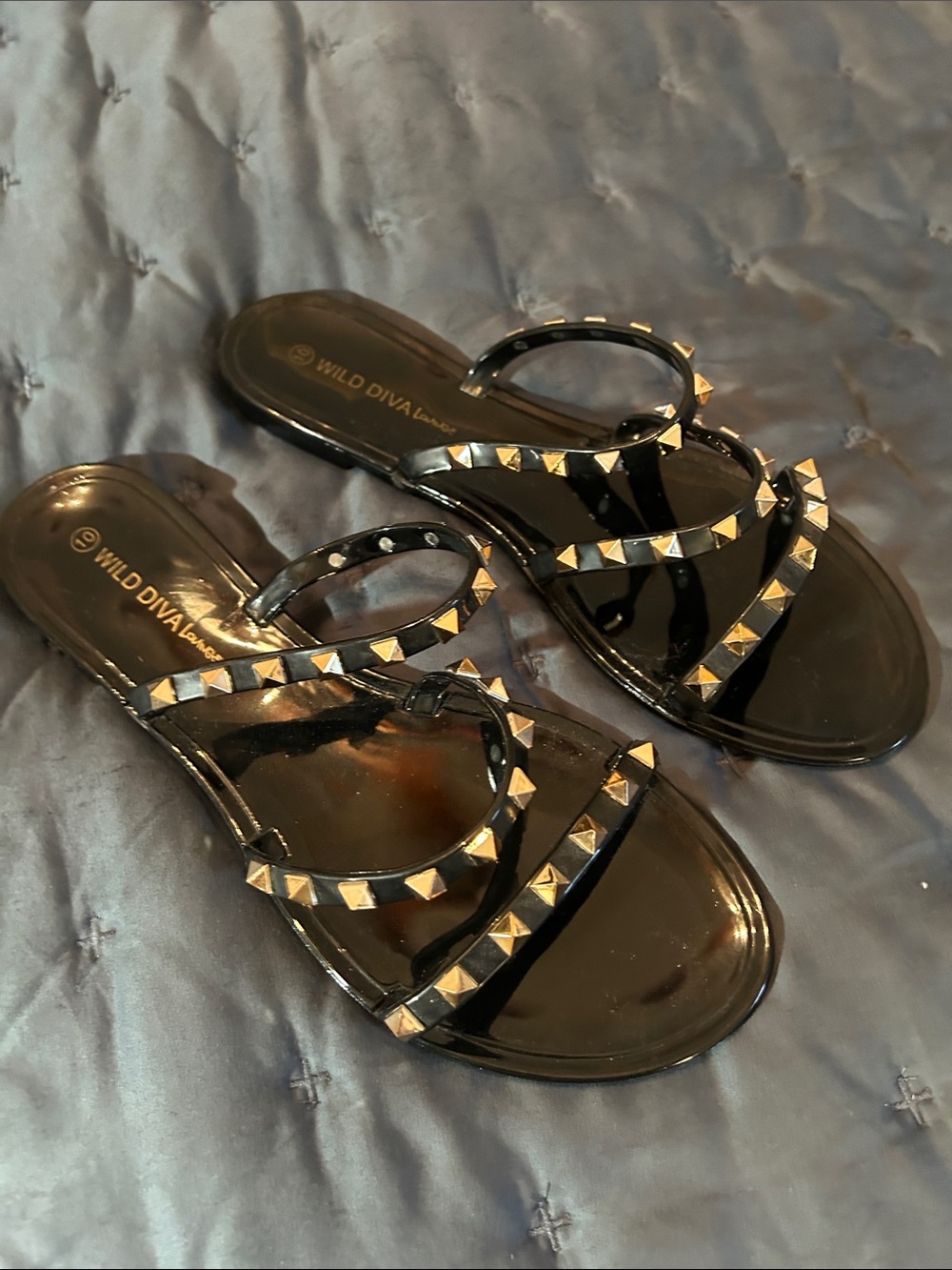 DIVA Lounge Black Jelly Slide Sandals with Gold Pyramid Studs